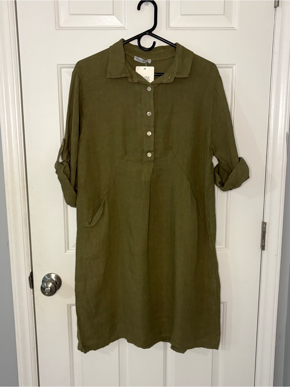 NWT Elena Baldi Olive Green Linen Shirt Dress XL Made in Italy utility military